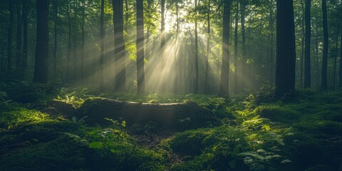 Obraz premium A serene forest scene showcasing beams of sunlight filtering through lush trees, creating a tranquil and enchanting atmosphere.