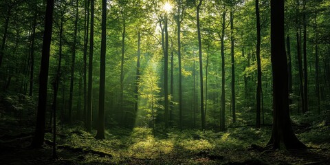 Fototapeta premium A serene forest scene with sunlight filtering through lush green trees, creating a tranquil and peaceful atmosphere.