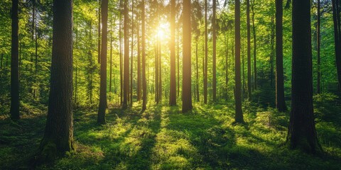 Fototapeta premium A serene forest scene with sunlight filtering through tall trees, creating a tranquil and enchanting atmosphere.