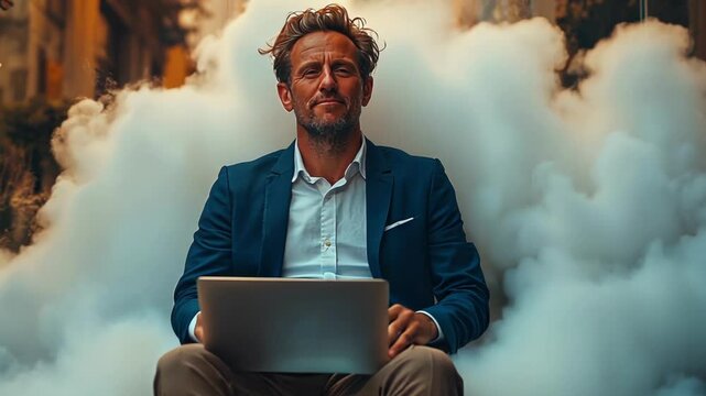 man with laptop sitting on cloud on street, work for pleasure, work on internet