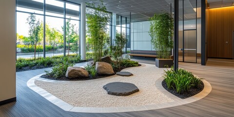 Obraz premium A serene indoor garden featuring stones and plants, creating a calming atmosphere in a modern office space.