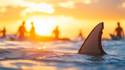 Fototapeta premium A dangerous shark's fin rises from the ocean waters against a vibrant sunset on a beach where silhouettes of surfers enjoy the evening.