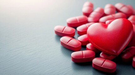 Red heart-shaped decoration surrounded by capsules on a reflective surface, indoors, symbolising health and well-being.