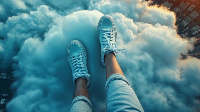 feet in the sky, feet in jeans and sneakers in the clouds
