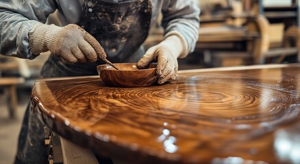 A craftsman applying wood stain to an oak table, highlighting the glossy finish and rich texture of natural materials in furniture craftsmanship.