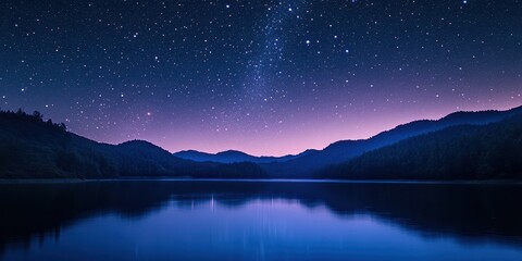 Fototapeta premium A serene night landscape featuring a calm lake reflecting the starry sky and silhouettes of distant mountains under a twilight hue.
