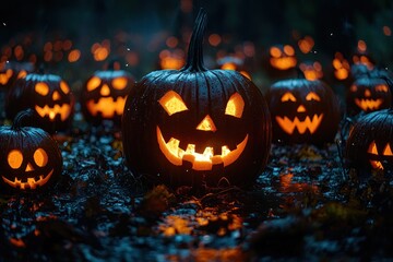 Obraz premium Hundreds of glowing jack-o'-lanterns with various carved faces illuminating a spooky Halloween night scene Generative AI