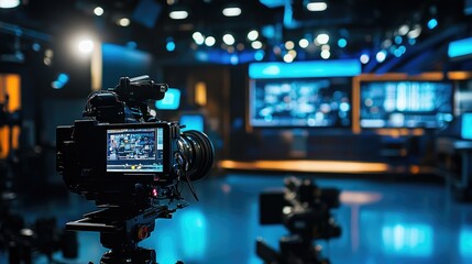 TV studio setup with newscaster and camera crew, broadcasting breaking news live, showcasing a professional media environment.