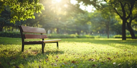 Naklejka premium A serene park scene featuring a wooden bench surrounded by lush greenery and soft sunlight filtering through the trees.