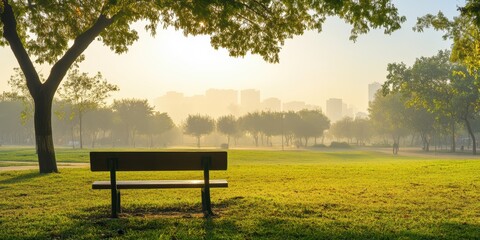 Fototapeta premium A serene park scene featuring a bench under lush trees, bathed in soft morning light, ideal for tranquil moments and relaxation.
