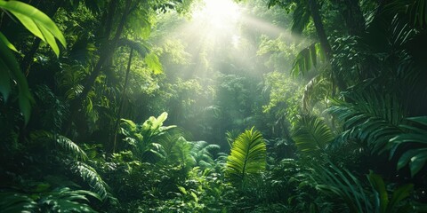 Obraz premium A serene rainforest scene with lush greenery, soft sunlight filtering through the canopy, creating a peaceful atmosphere.
