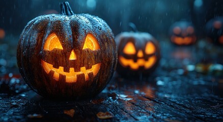 Group of glowing jack-o'-lanterns with menacing carved faces alongside dark pumpkins on a black background Generative AI