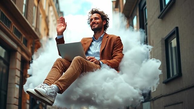 person with laptop, guy with laptop waving hand sitting on cloud, work for pleasure, online work, work for fun