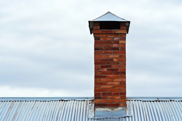 Brick Chimney on White Corrugated Sheet Metal Roof with Modern Metal Lining