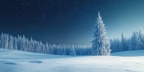 Fototapeta premium A serene winter landscape featuring a snow-covered pine tree against a starry night sky, evoking peace and tranquility.
