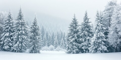 Naklejka premium A serene winter landscape featuring snow-covered trees, tranquil atmosphere, and a blanket of fresh snow in a peaceful setting.