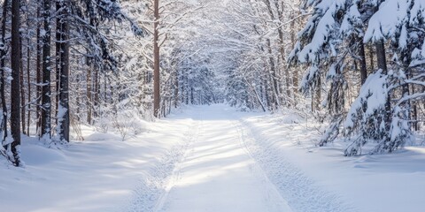 A serene winter path surrounded by snow-covered trees, inviting a peaceful journey through the beautiful snowy landscape.