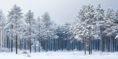 A serene winter landscape with snow-covered trees and a tranquil atmosphere, perfect for evoking a sense of calm and peace.