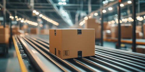 A single cardboard box on a conveyor belt in a modern warehouse, showcasing logistics and delivery in a busy environment.