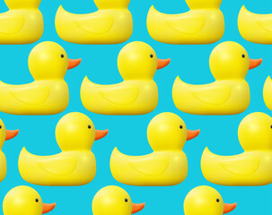 Seamless pattern yellow ducks. Realistic yellow rubber duck toys pattern on seamless pattern. Bright conceptual banner design. Vector cute yellow rubber ducks seamless background.