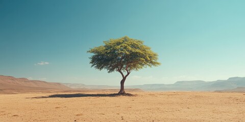 Obraz premium A solitary tree stands gracefully against a serene blue sky, embodying resilience in a vast desert landscape.
