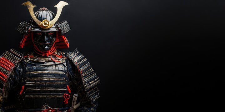 A striking samurai in traditional armor poses dramatically against a dark backdrop, showcasing intricate details and rich colors.