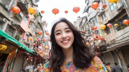 Fototapeta premium Young Woman Twirling Joyfully in Colorful Street Scene