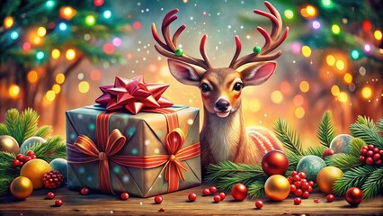 Hand Drawn Christmas Gift Set with Deer, Bows, and Candies - Festive Illustration for Holiday Decor