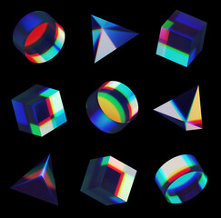 The set of simple geometric elements with light dispersion effect. The colorful abstract shapes for collage or textile on black background. 3d render