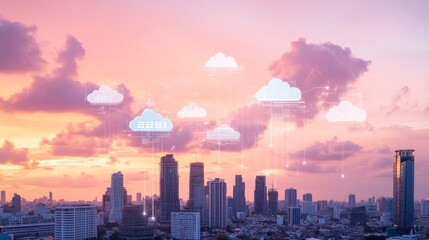 Obraz premium Cityscape at sunset with cloud computing icons.