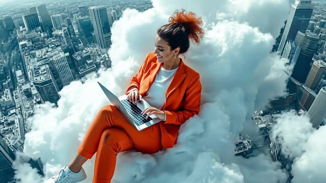 girl in suit with laptop on cloud, work for pleasure, work on internet, work for fun