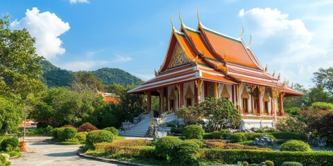 Naklejka premium A stunning temple surrounded by lush greenery under a bright blue sky, showcasing traditional architecture and serene landscape.