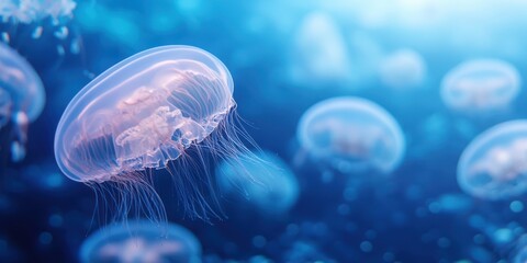 A stunning underwater scene showcasing a jellyfish gracefully swimming through vibrant blue waters, highlighting its translucent beauty.