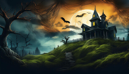 A spooky haunted house atop a hill, illuminated by a full moon and surrounded by ominous clouds and flying bats at dusk. The Halloween eerie house stands on a hill, casting a shadow. bats fly