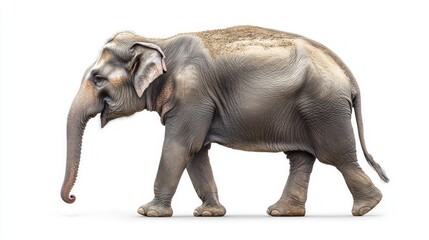 Fototapeta premium A young elephant walks to the right on a white background.