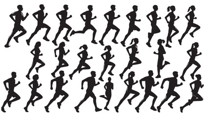 Running men and women, vector set of isolated  silhouettes vector illustration black and white art