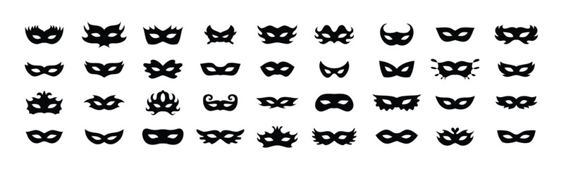 Carnival masks silhouettes icon set. Simple black icons masquerade mask, for party, parad, carnival, Halloween. Mask elements isolated sign, symbol