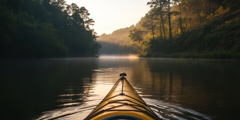 Fototapeta premium A tranquil view from a kayak at sunrise, surrounded by misty water and lush trees, perfect for nature and adventure enthusiasts.