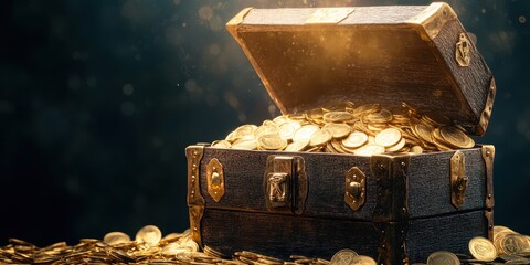 A treasure chest overflowing with gold coins, illuminated by a magical glow, evoking a sense of adventure and wealth.