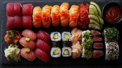 A variety of sushi rolls and sashimi displayed on a black slate plate. the rolls with salmon, tuna avocado, and cucumber. top view, dark background. sushi and sashimi set