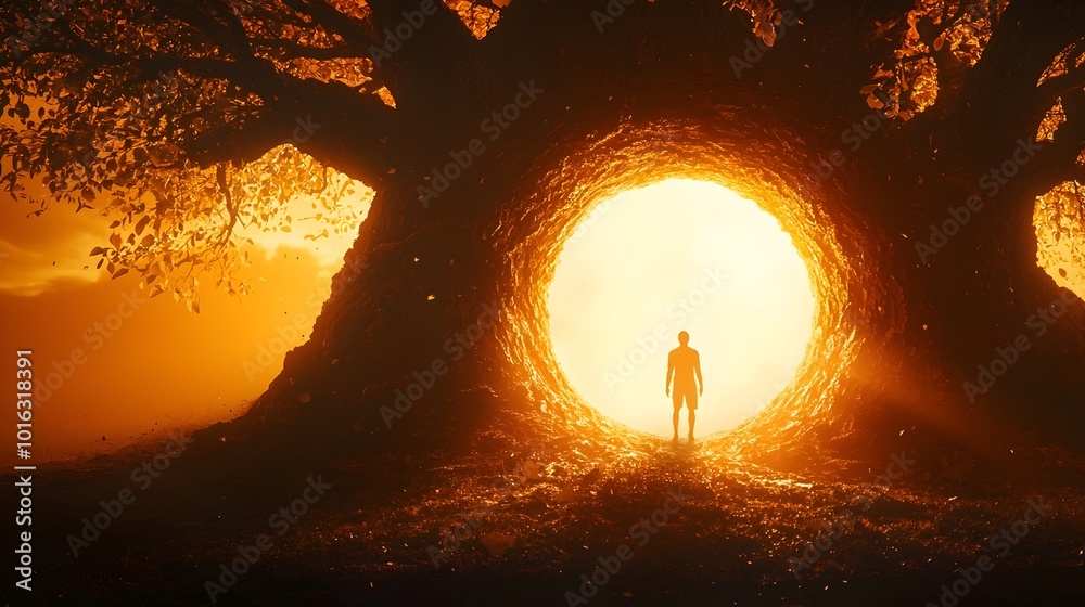 Wall mural silhouetted human figure embedded within the massive trunk of a towering tree creating a natural arc