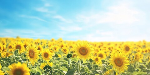 Fototapeta premium A vibrant field of sunflowers under a bright blue sky, radiating warmth and natural beauty in a serene landscape.