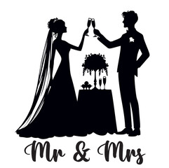 Newlyweds silhouettes champagne glasses