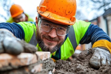 A construction worker with safety glasses, orange helmet, and a green vest stacking bricks skillfully, reflecting safety awareness and building expertise.