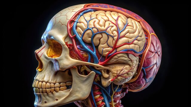  Horizontal section of human skull showcasing the sagittal plane, highlighting cerebral hemispheres, falx cerebri, and surrounding bony structures in precise anatomical detail.