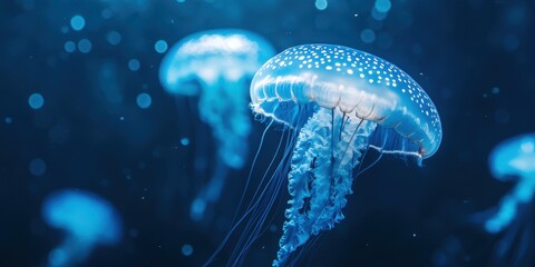 Captivating underwater scene featuring glowing jellyfish drifting gracefully in deep blue waters, showcasing marine beauty.