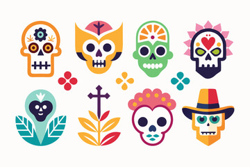 Colorful abstract minimalist dia de los muertos icons for festive design