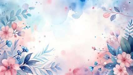 Soft watercolor floral background with blue and pink flowers