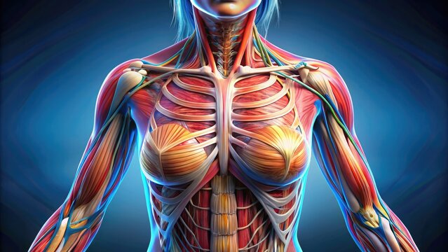 Illuminated 3D illustration of the female torso, showcasing muscles, organs, and skeletal system in intricate detail, highlighting reproductive and circulatory systems.