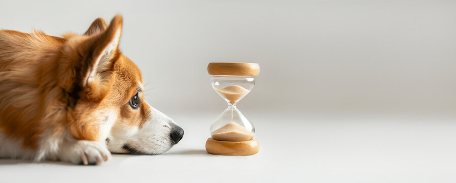 pembroke corgi dog watching wooden hourglass impatient waiting long time isolated white background